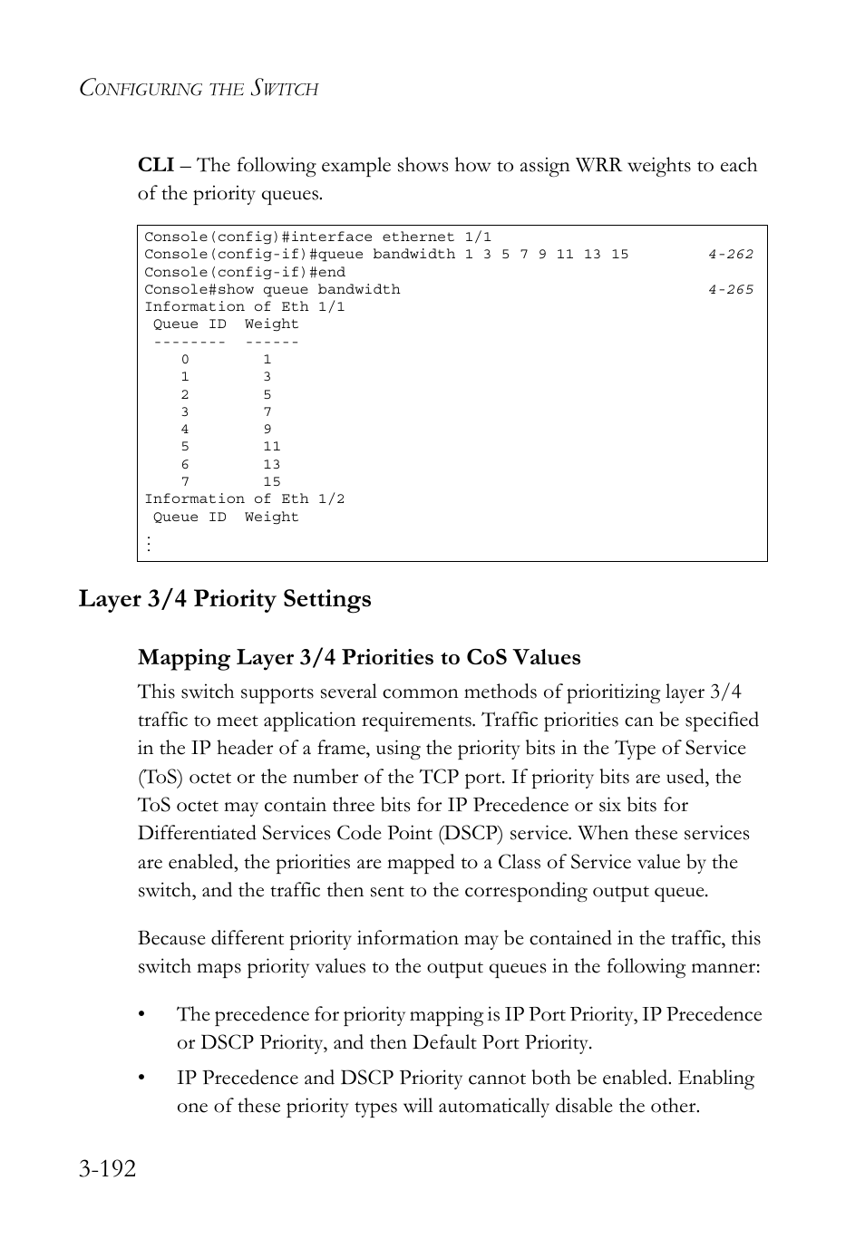 Layer 3/4 priority settings, Mapping layer 3/4 priorities to cos values, Layer 3/4 priority settings -192 | Mapping layer 3/4 priorities to cos values -192 | SMC Networks SMC TigerStack 1000 SMC8748M User Manual | Page 248 / 592