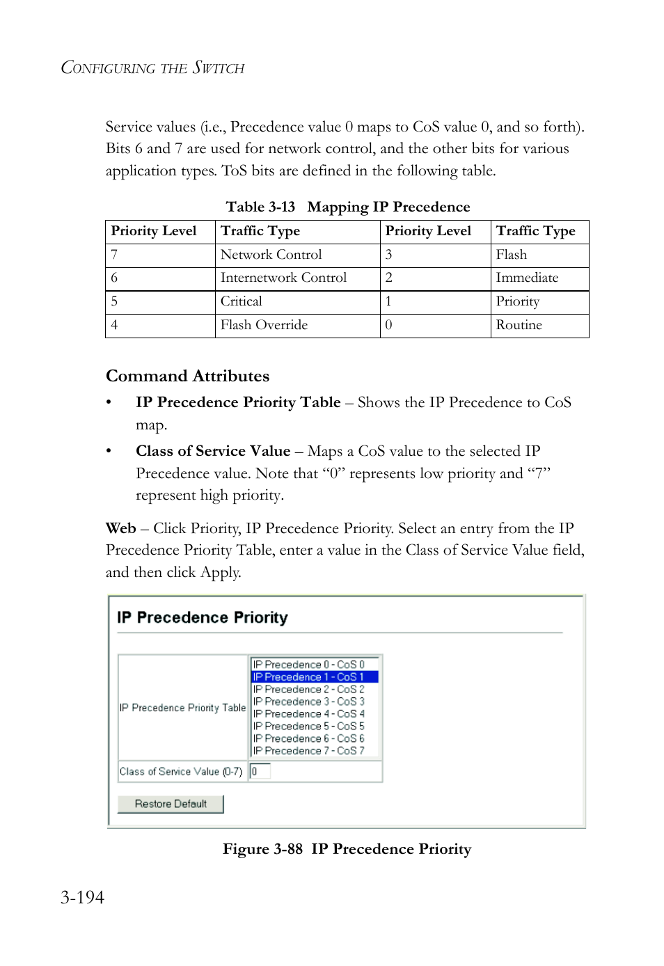 Table 3-13 mapping ip precedence -194, Figure 3-88 ip precedence priority -194, Command attributes | SMC Networks SMC TigerStack 1000 SMC8748M User Manual | Page 250 / 592