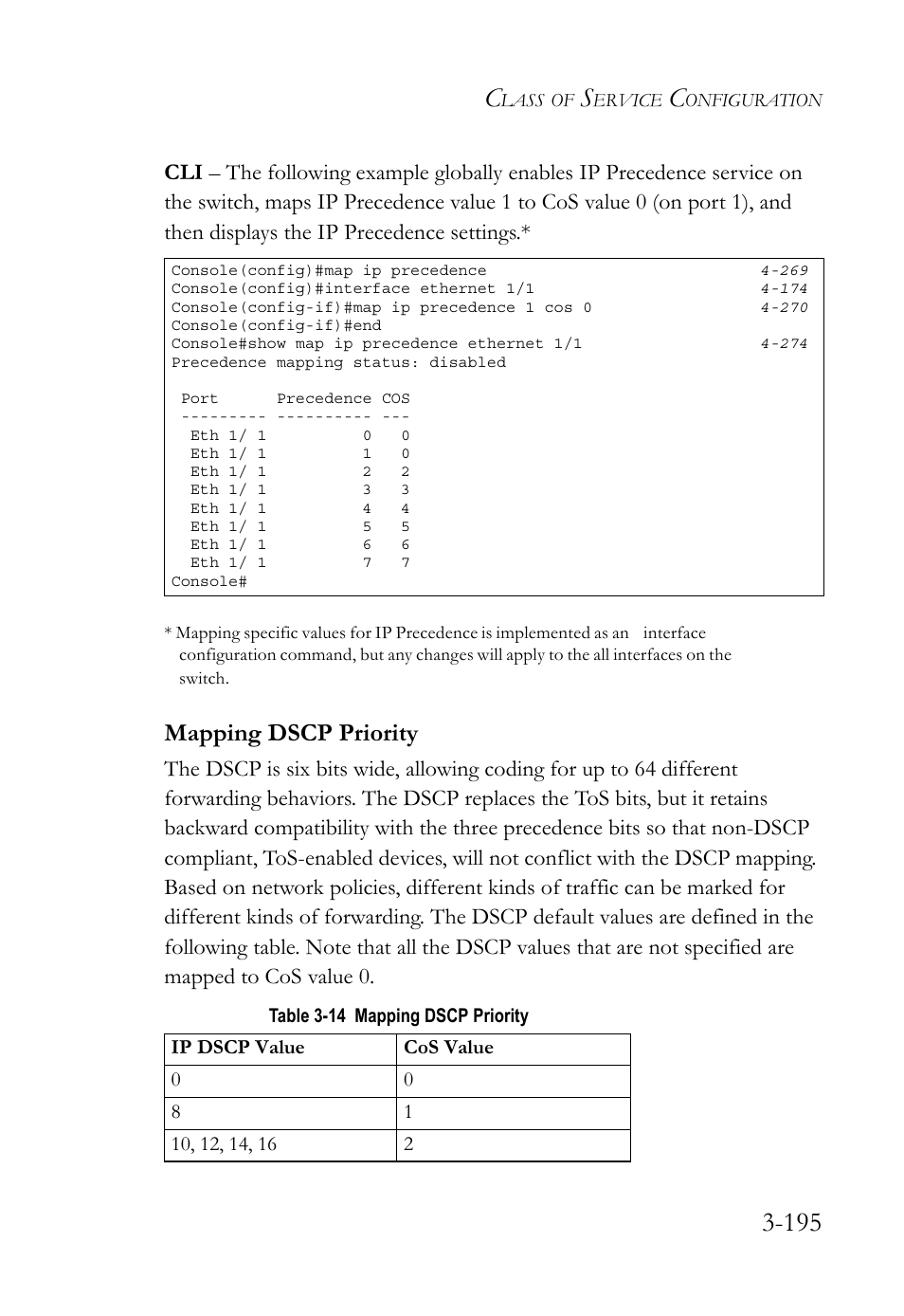 Mapping dscp priority, Mapping dscp priority -195, Table 3-14 mapping dscp priority -195 | SMC Networks SMC TigerStack 1000 SMC8748M User Manual | Page 251 / 592