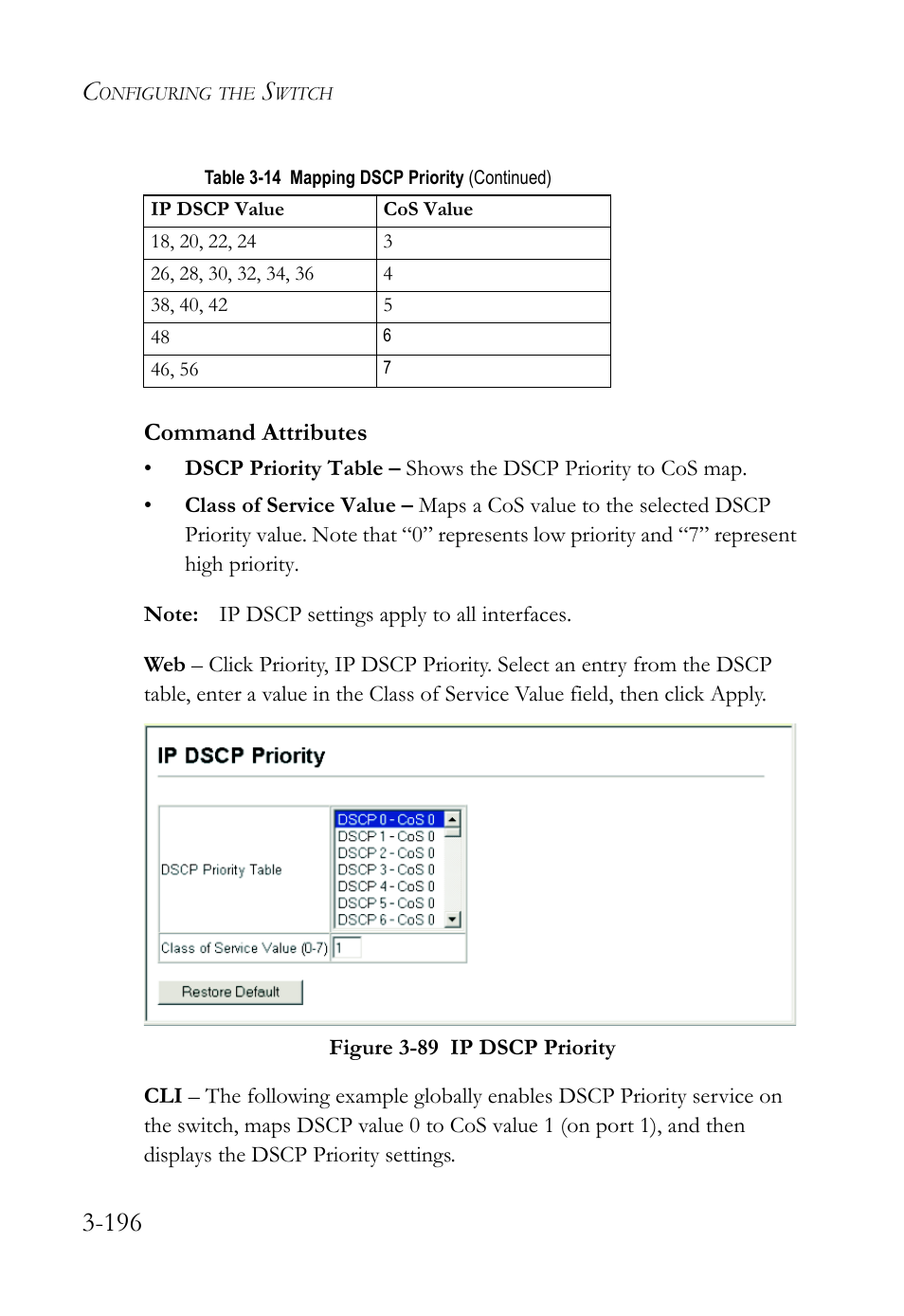 Figure 3-89 ip dscp priority -196, Command attributes | SMC Networks SMC TigerStack 1000 SMC8748M User Manual | Page 252 / 592