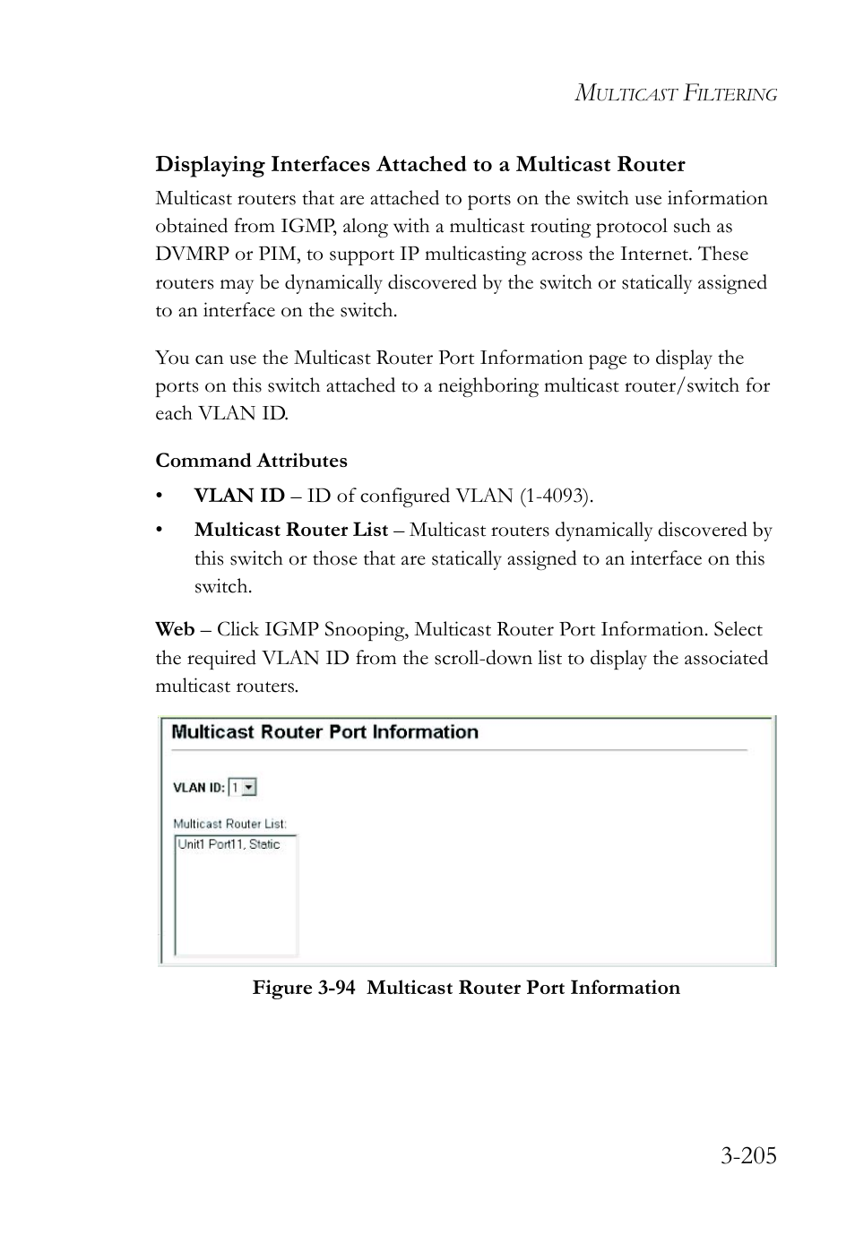 Figure 3-94 multicast router port information -205 | SMC Networks SMC TigerStack 1000 SMC8748M User Manual | Page 261 / 592