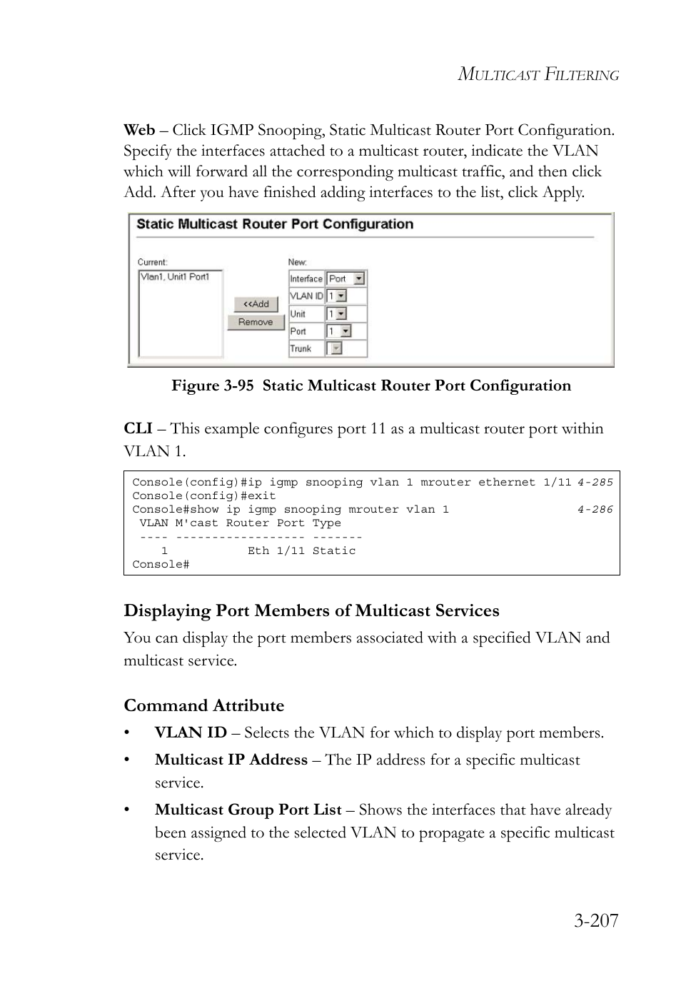 Displaying port members of multicast services, Displaying port members of multicast services -207 | SMC Networks SMC TigerStack 1000 SMC8748M User Manual | Page 263 / 592