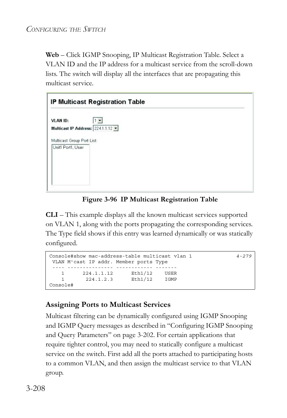 Assigning ports to multicast services, Assigning ports to multicast services -208, Figure 3-96 ip multicast registration table -208 | SMC Networks SMC TigerStack 1000 SMC8748M User Manual | Page 264 / 592