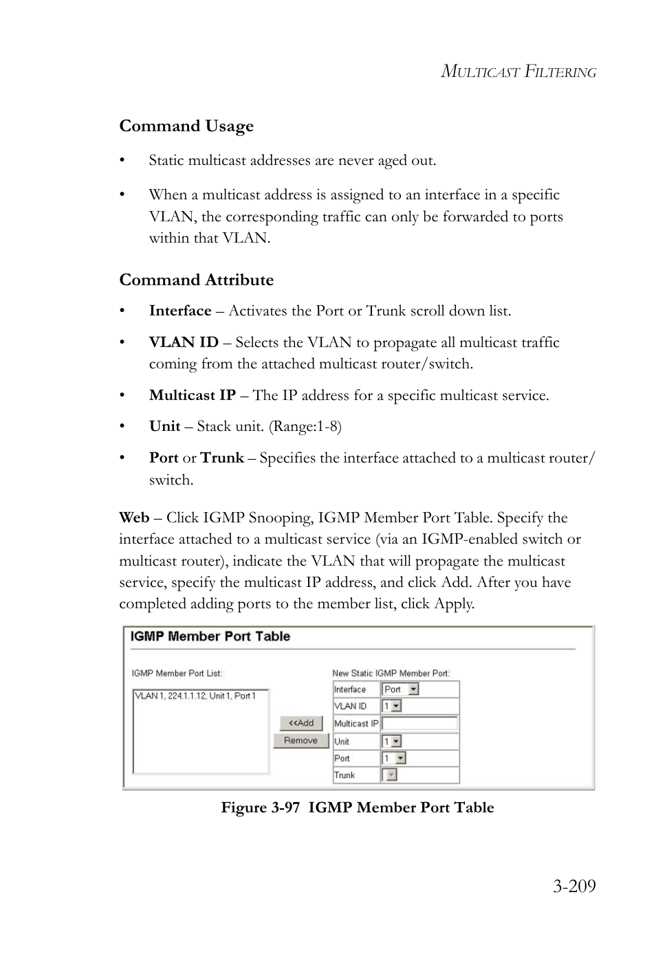 Figure 3-97 igmp member port table -209 | SMC Networks SMC TigerStack 1000 SMC8748M User Manual | Page 265 / 592