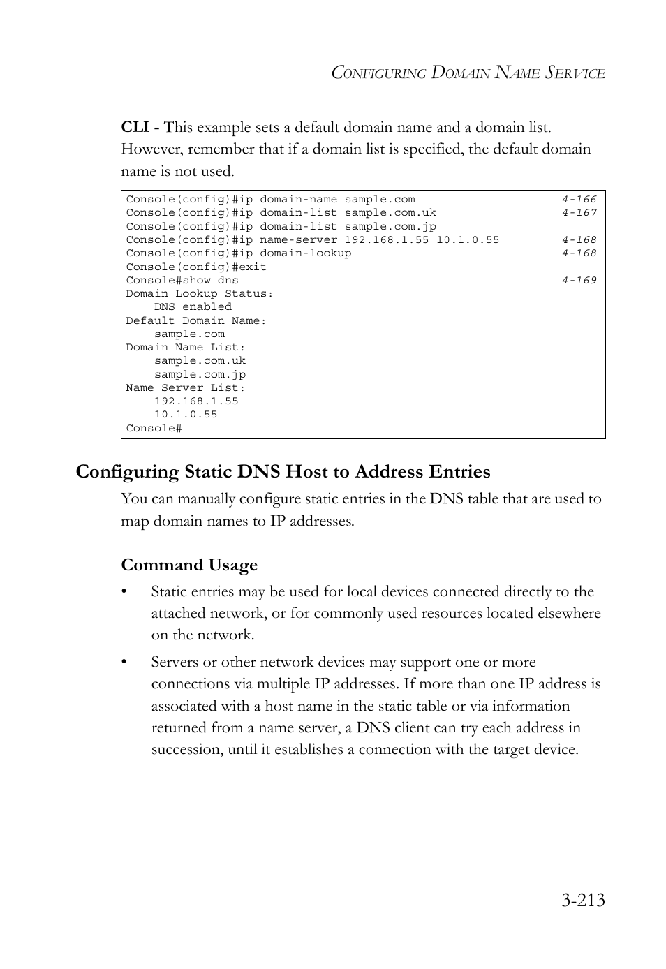 Configuring static dns host to address entries, Command usage | SMC Networks SMC TigerStack 1000 SMC8748M User Manual | Page 269 / 592