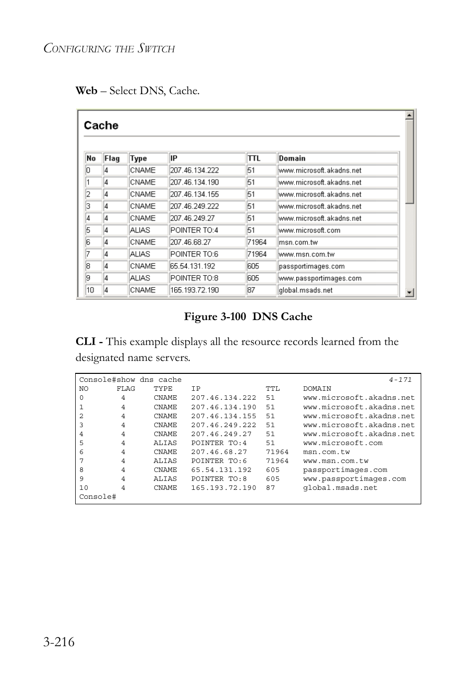 Figure 3-100 dns cache -216 | SMC Networks SMC TigerStack 1000 SMC8748M User Manual | Page 272 / 592