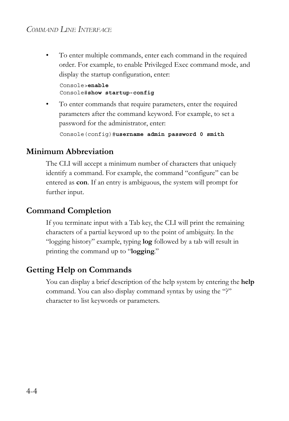 Minimum abbreviation, Command completion, Getting help on commands | SMC Networks SMC TigerStack 1000 SMC8748M User Manual | Page 276 / 592