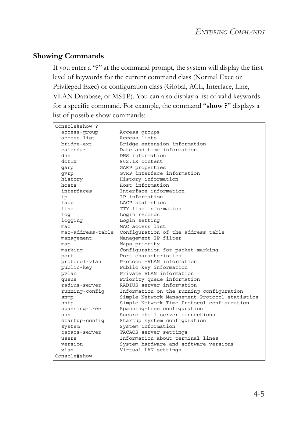 Showing commands, Showing commands -5 | SMC Networks SMC TigerStack 1000 SMC8748M User Manual | Page 277 / 592