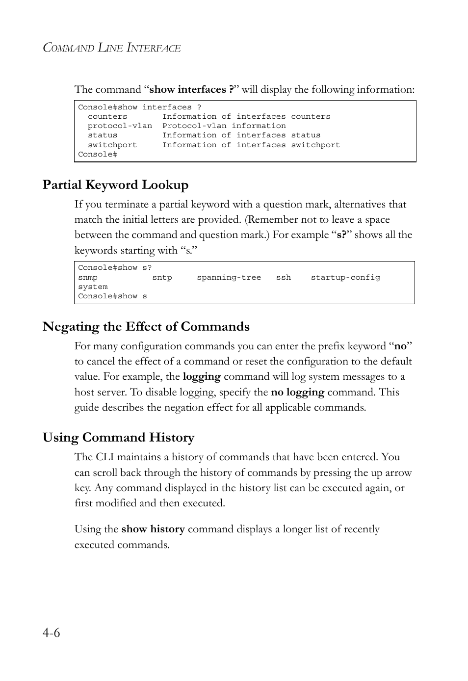 Partial keyword lookup, Negating the effect of commands, Using command history | SMC Networks SMC TigerStack 1000 SMC8748M User Manual | Page 278 / 592