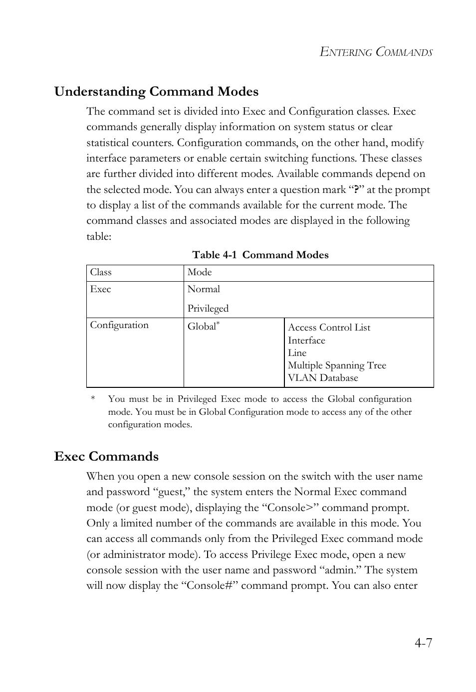 Understanding command modes, Exec commands, Understanding command modes -7 exec commands -7 | Table 4-1, Command modes -7, 7 understanding command modes | SMC Networks SMC TigerStack 1000 SMC8748M User Manual | Page 279 / 592