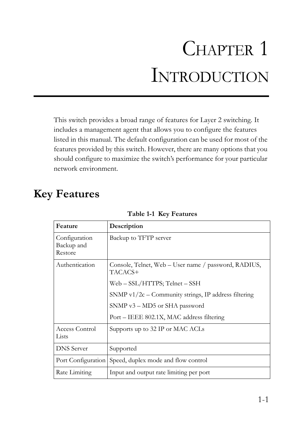 Chapter 1 introduction, Key features, Introduction -1 | Key features -1, Table 1-1, Hapter, Ntroduction | SMC Networks SMC TigerStack 1000 SMC8748M User Manual | Page 29 / 592