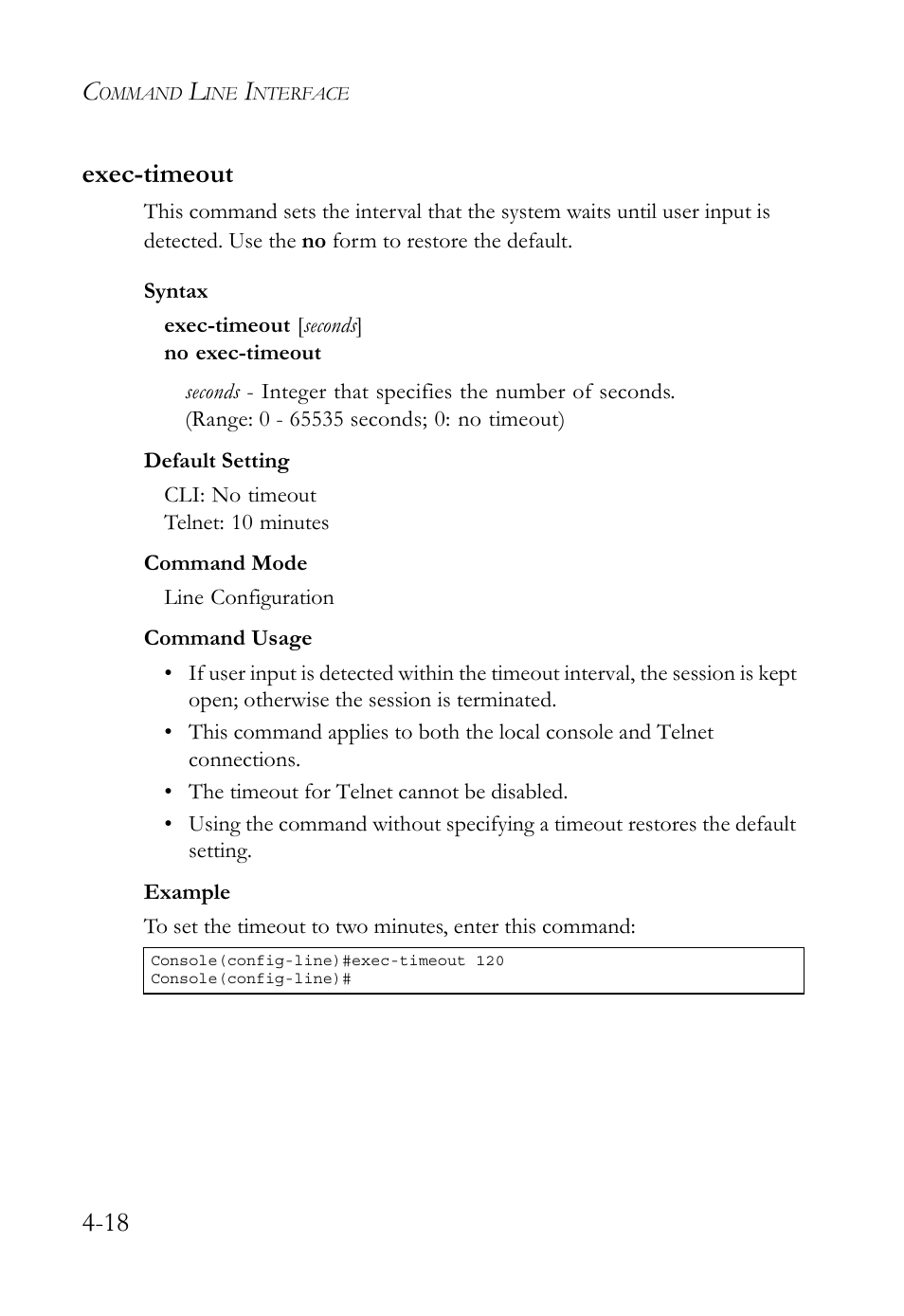 Exec-timeout, Exec-timeout -18, 18 exec-timeout | SMC Networks SMC TigerStack 1000 SMC8748M User Manual | Page 290 / 592