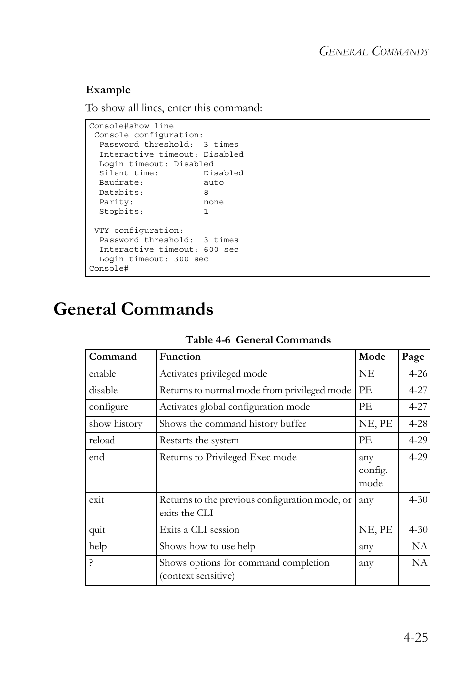 General commands, General commands -25, Table 4-6 | SMC Networks SMC TigerStack 1000 SMC8748M User Manual | Page 297 / 592