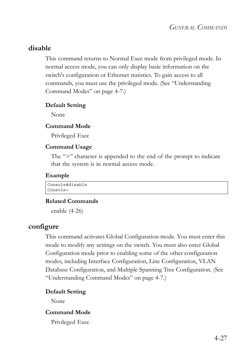 Disable, Configure, Disable -27 configure -27 | Disable (4-27), 27 disable | SMC Networks SMC TigerStack 1000 SMC8748M User Manual | Page 299 / 592