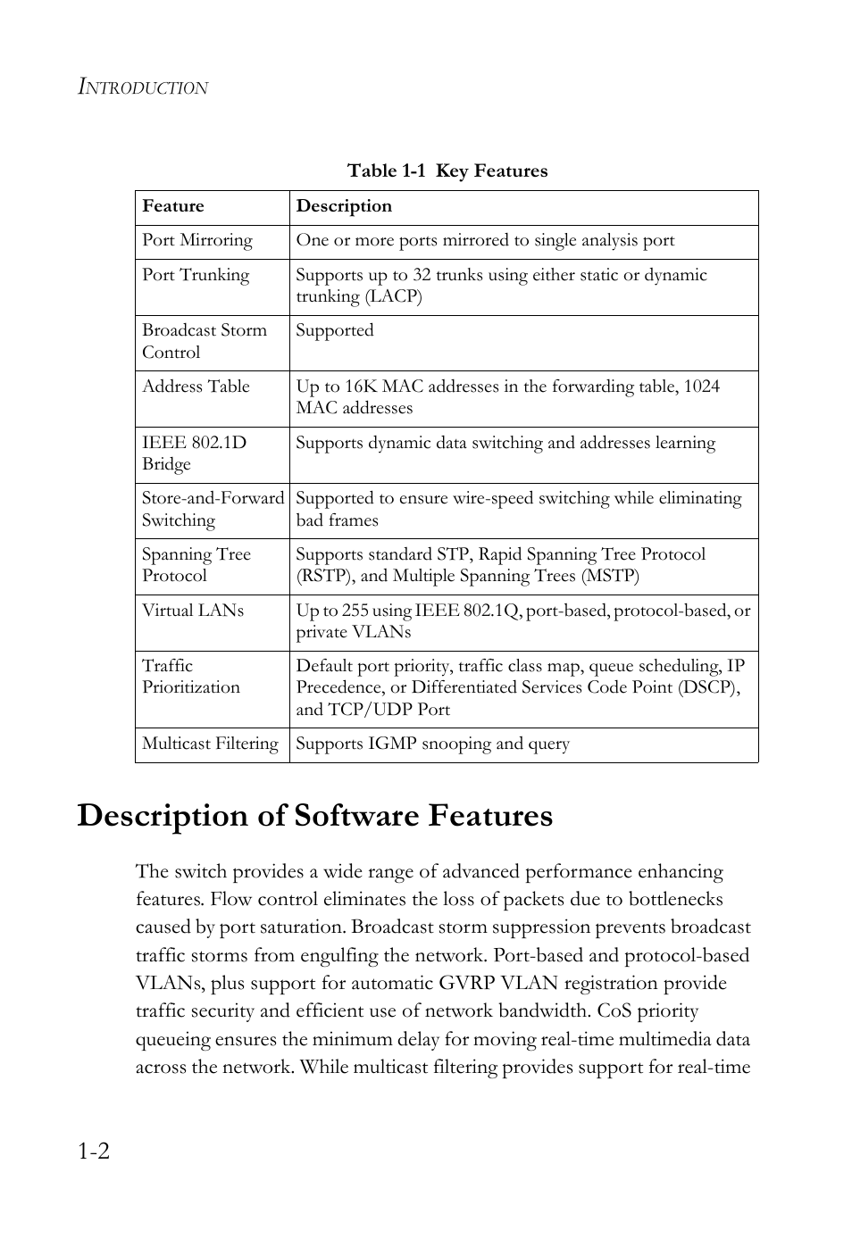 Description of software features, Description of software features -2 | SMC Networks SMC TigerStack 1000 SMC8748M User Manual | Page 30 / 592