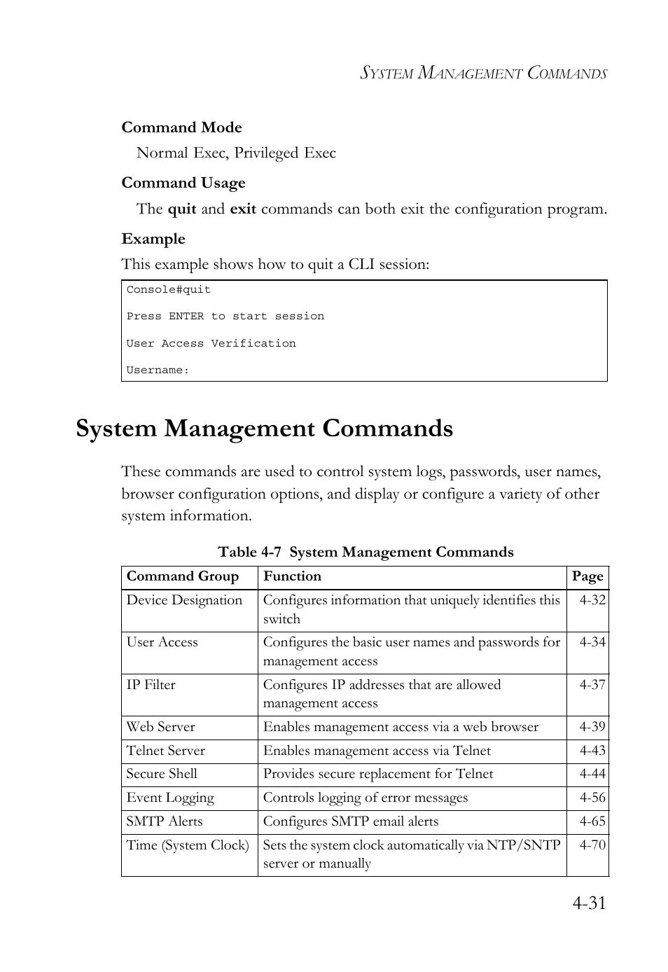 System management commands, System management commands -31, Table 4-7 | SMC Networks SMC TigerStack 1000 SMC8748M User Manual | Page 303 / 592