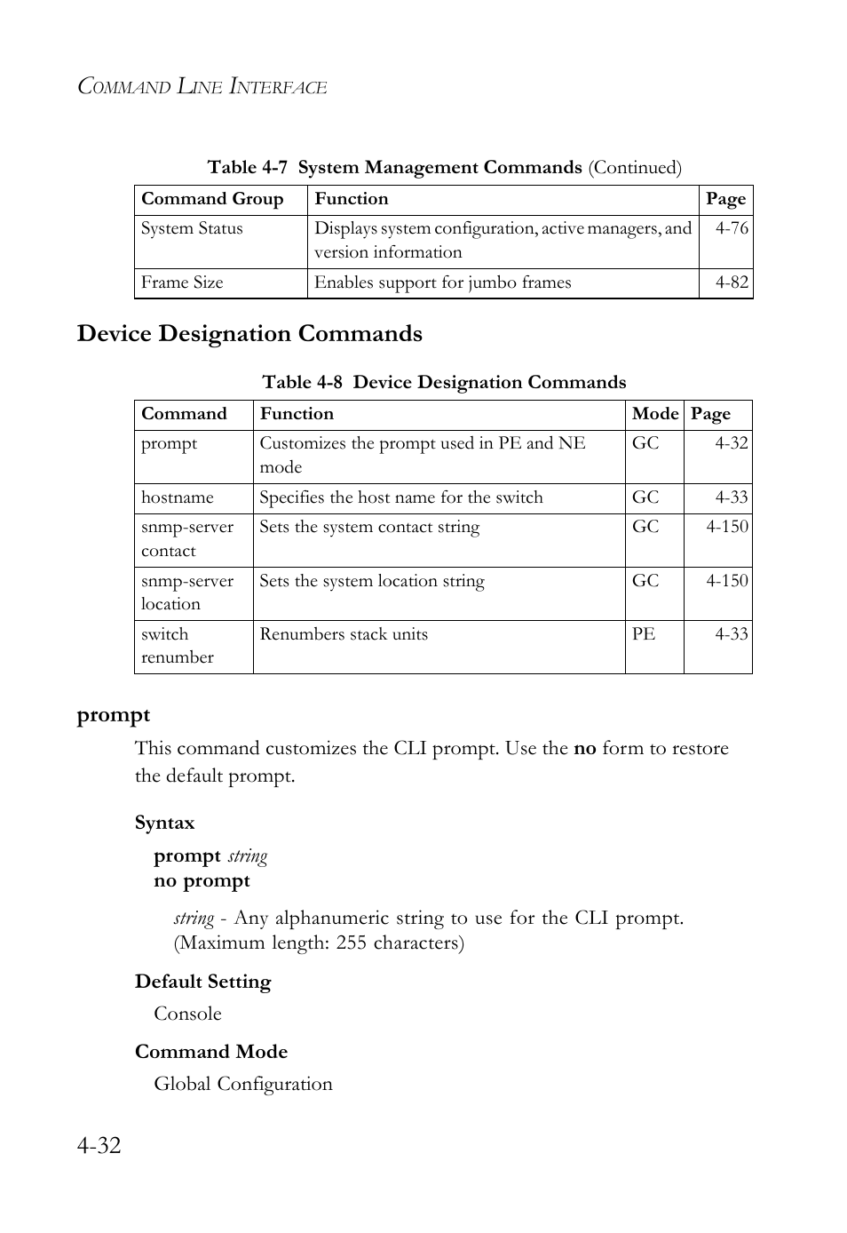 Device designation commands, Prompt, Device designation commands -32 | Prompt -32, Table 4-8, 32 device designation commands | SMC Networks SMC TigerStack 1000 SMC8748M User Manual | Page 304 / 592