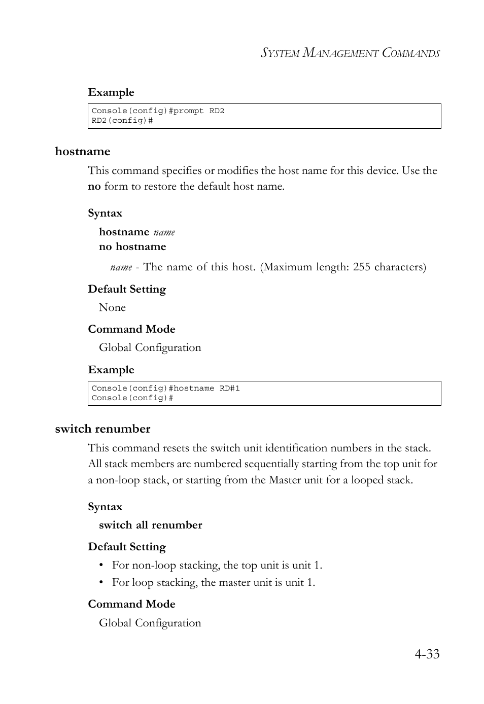 Hostname, Switch renumber, Hostname -33 switch renumber -33 | SMC Networks SMC TigerStack 1000 SMC8748M User Manual | Page 305 / 592