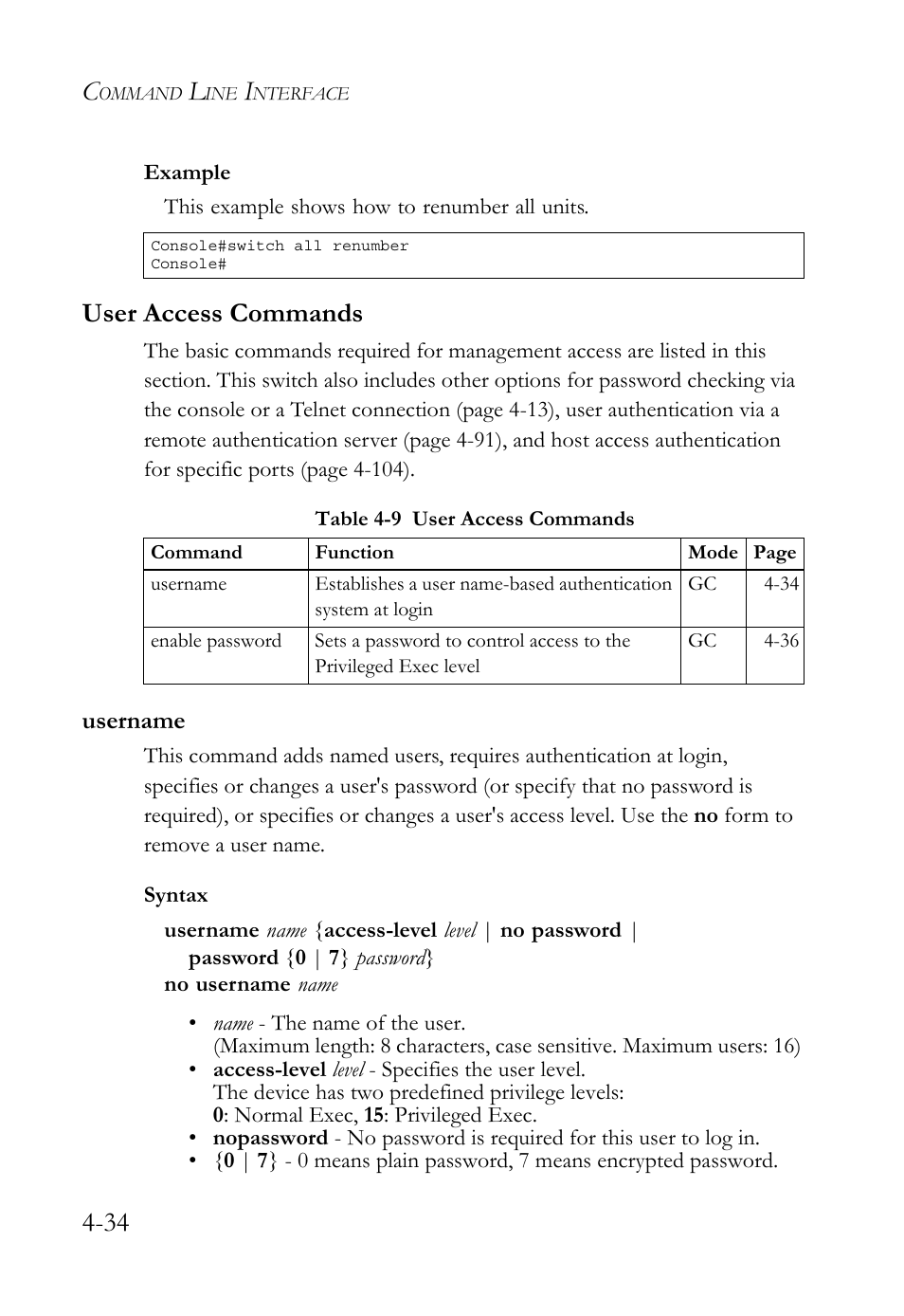 User access commands, Username, User access commands -34 | Username -34, Table 4-9 | SMC Networks SMC TigerStack 1000 SMC8748M User Manual | Page 306 / 592