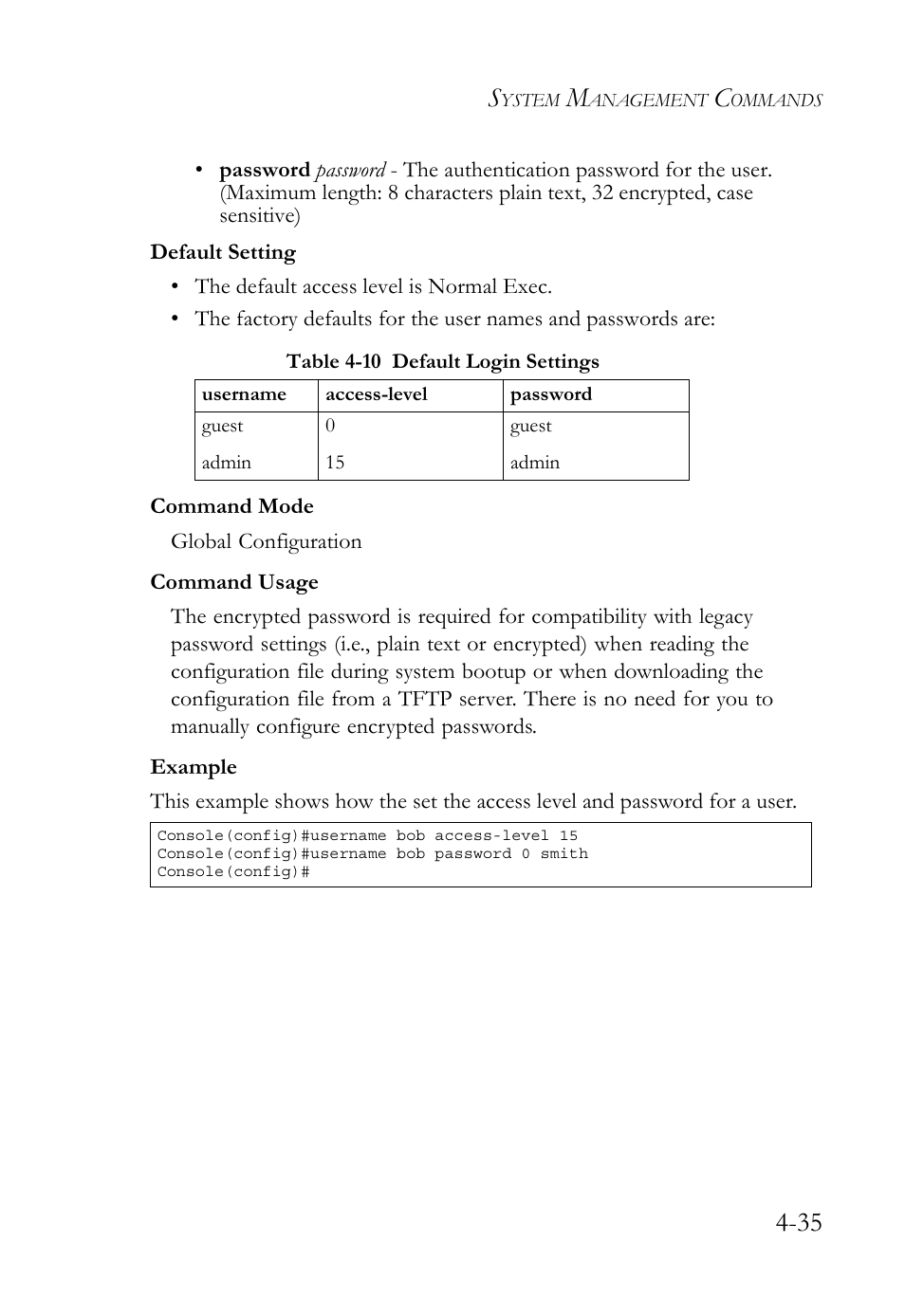 Table 4-10 default login settings -35 | SMC Networks SMC TigerStack 1000 SMC8748M User Manual | Page 307 / 592