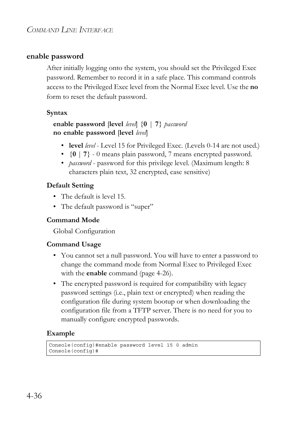 Enable password, Enable password -36, Enable password (4-36) | SMC Networks SMC TigerStack 1000 SMC8748M User Manual | Page 308 / 592