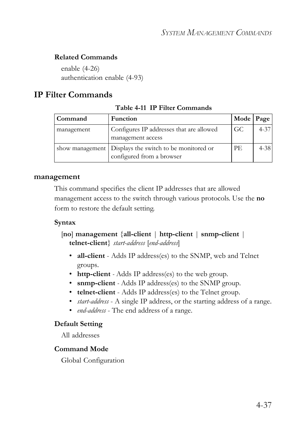 Ip filter commands, Management, Ip filter commands -37 | Management -37, Table 4-11 ip filter commands -37 | SMC Networks SMC TigerStack 1000 SMC8748M User Manual | Page 309 / 592