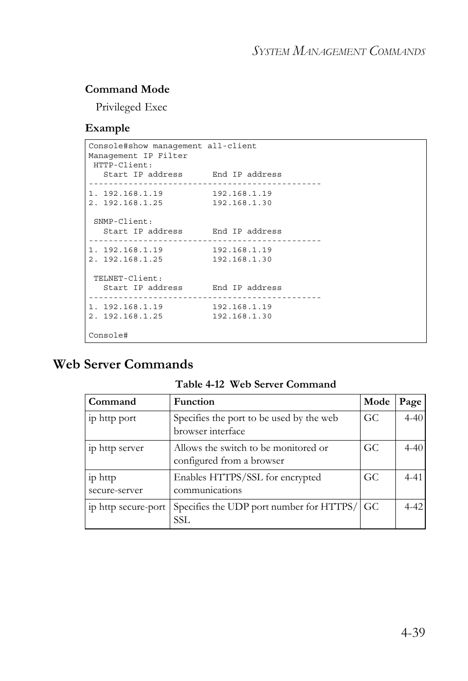 Web server commands, Web server commands -39, Table 4-12 web server command -39 | SMC Networks SMC TigerStack 1000 SMC8748M User Manual | Page 311 / 592