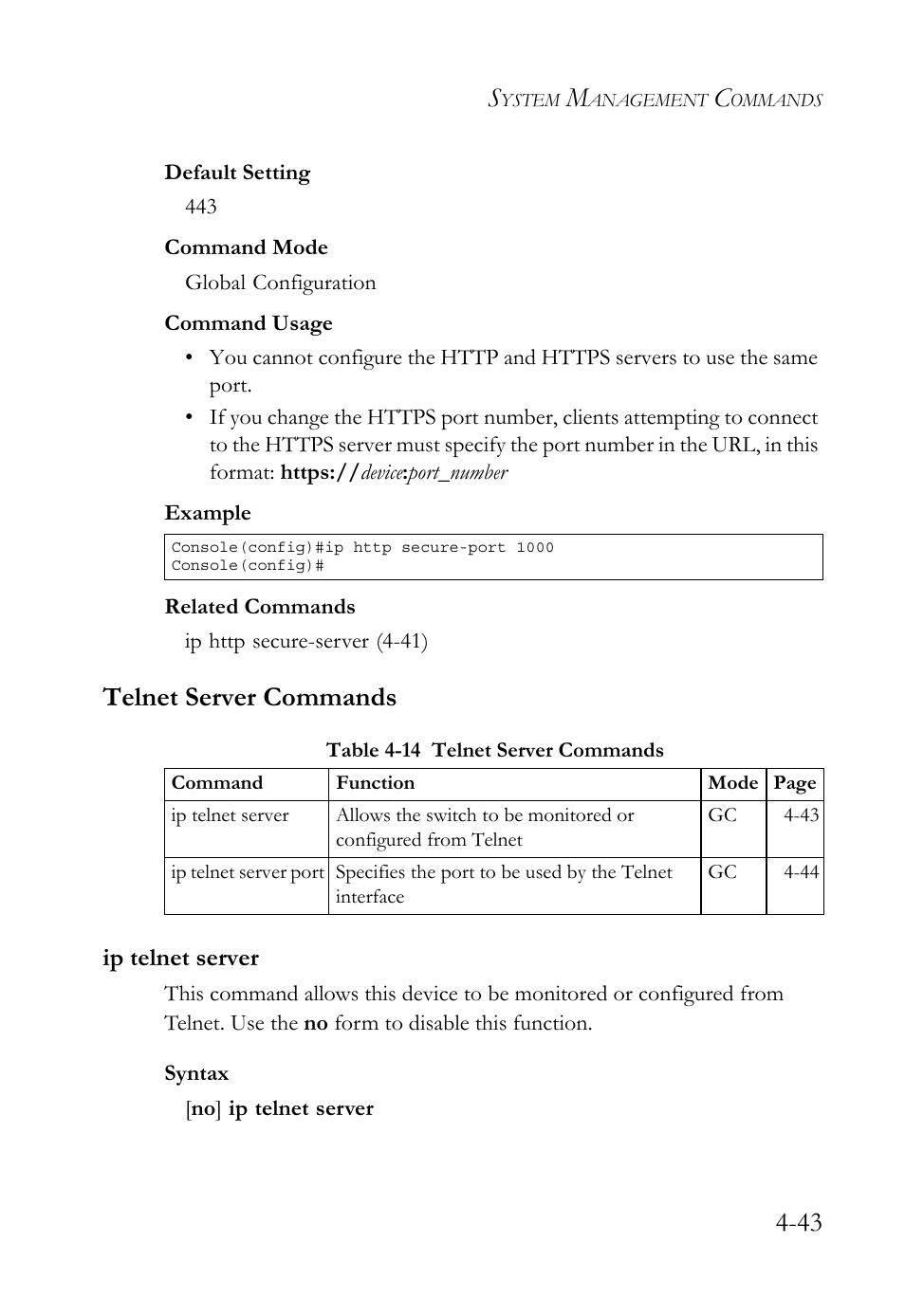 Telnet server commands, Ip telnet server, Telnet server commands -43 | Ip telnet server -43, Table 4-14 telnet server commands -43 | SMC Networks SMC TigerStack 1000 SMC8748M User Manual | Page 315 / 592