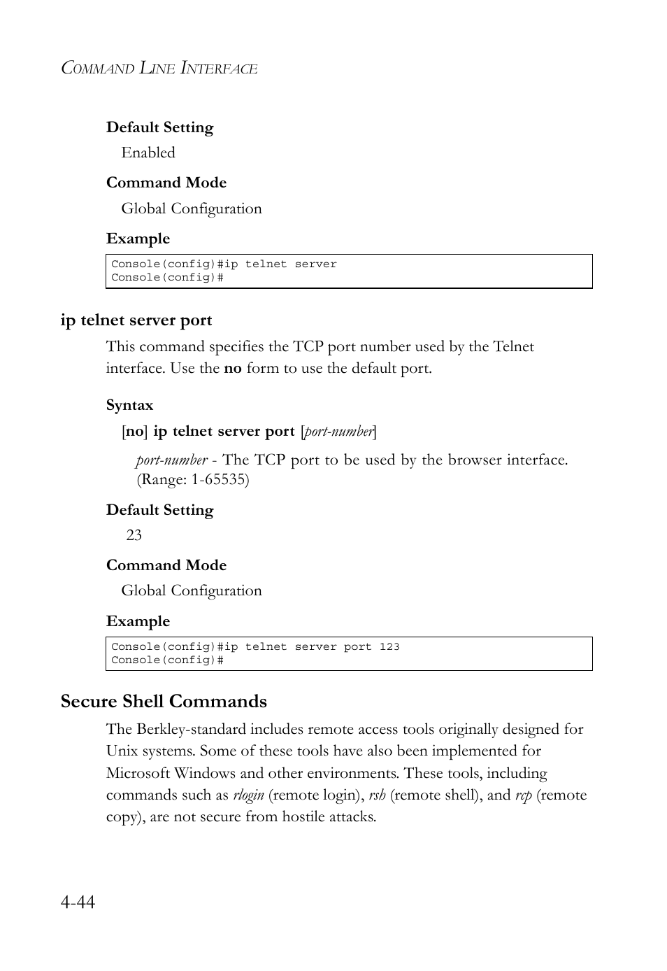 Ip telnet server port, Secure shell commands, Ip telnet server port -44 | Secure shell commands -44 | SMC Networks SMC TigerStack 1000 SMC8748M User Manual | Page 316 / 592