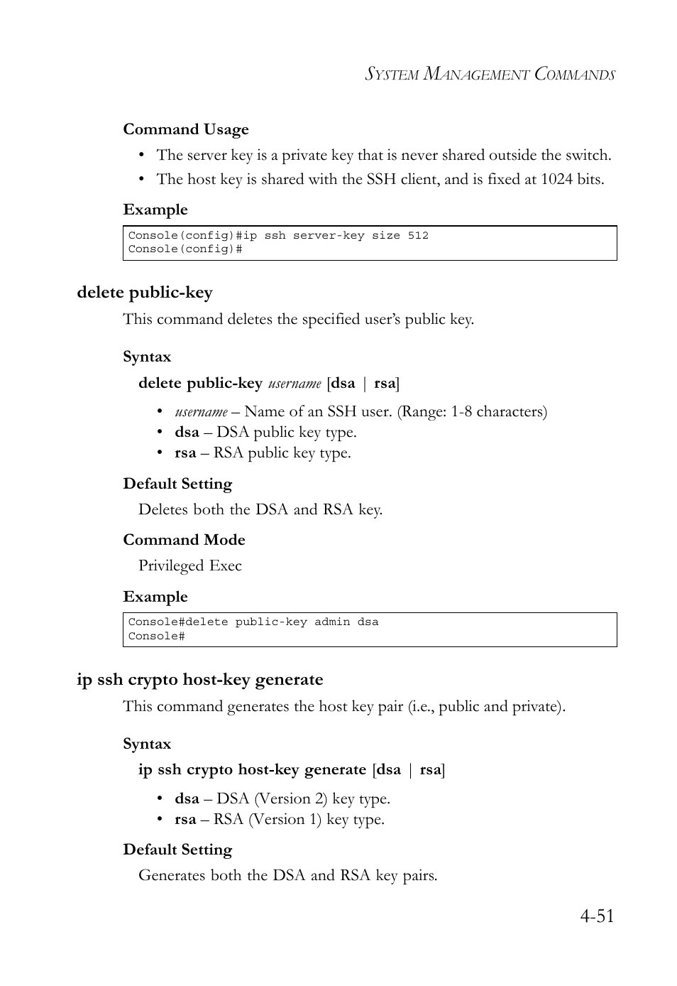 Delete public-key, Ip ssh crypto host-key generate, Ip ssh crypto host-key generate (4-51) | SMC Networks SMC TigerStack 1000 SMC8748M User Manual | Page 323 / 592