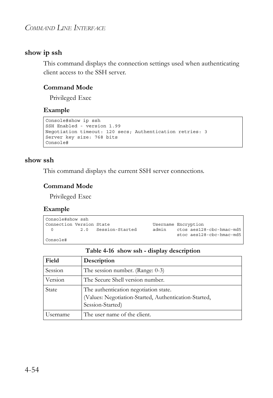 Show ip ssh, Show ssh, Show ip ssh -54 show ssh -54 | Table 4-16 show ssh - display description -54, Show ssh (4-54), Show ip ssh (4-54) | SMC Networks SMC TigerStack 1000 SMC8748M User Manual | Page 326 / 592