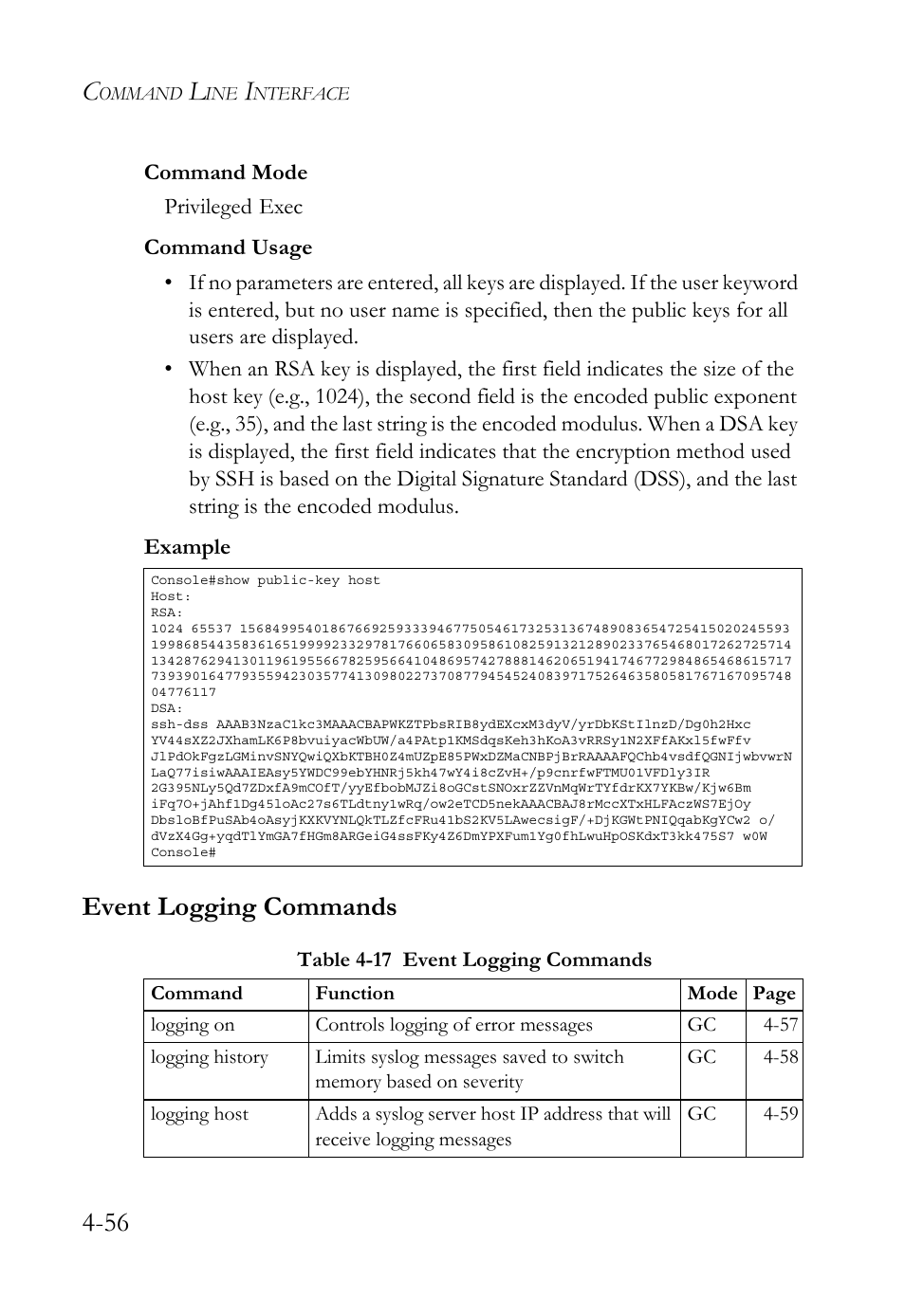 Event logging commands, Event logging commands -56, Table 4-17 event logging commands -56 | SMC Networks SMC TigerStack 1000 SMC8748M User Manual | Page 328 / 592