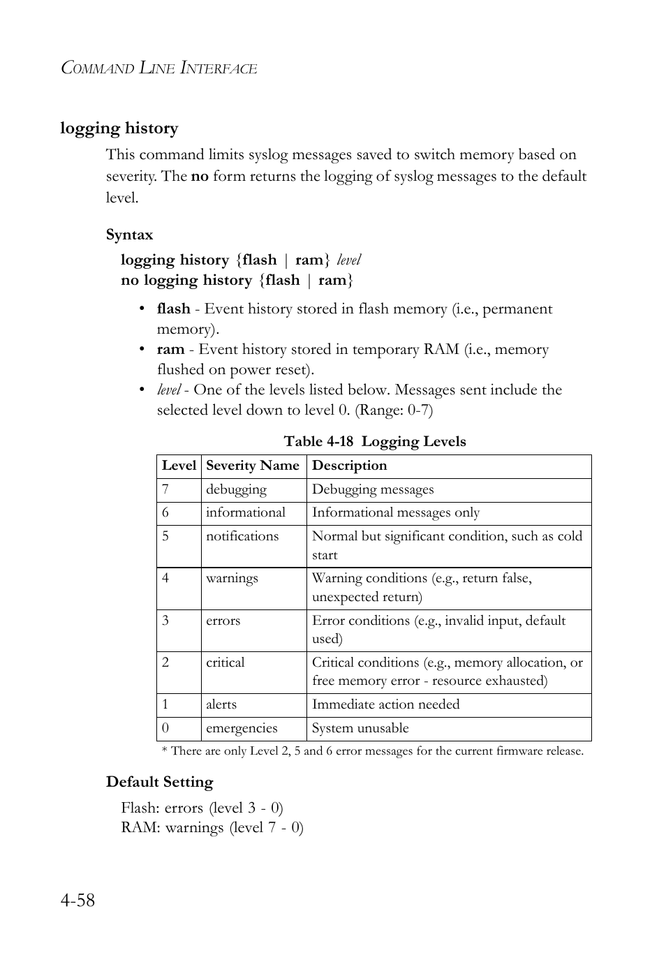 Logging history, Logging history -58, Table 4-18 logging levels -58 | Logging history (4-58) | SMC Networks SMC TigerStack 1000 SMC8748M User Manual | Page 330 / 592