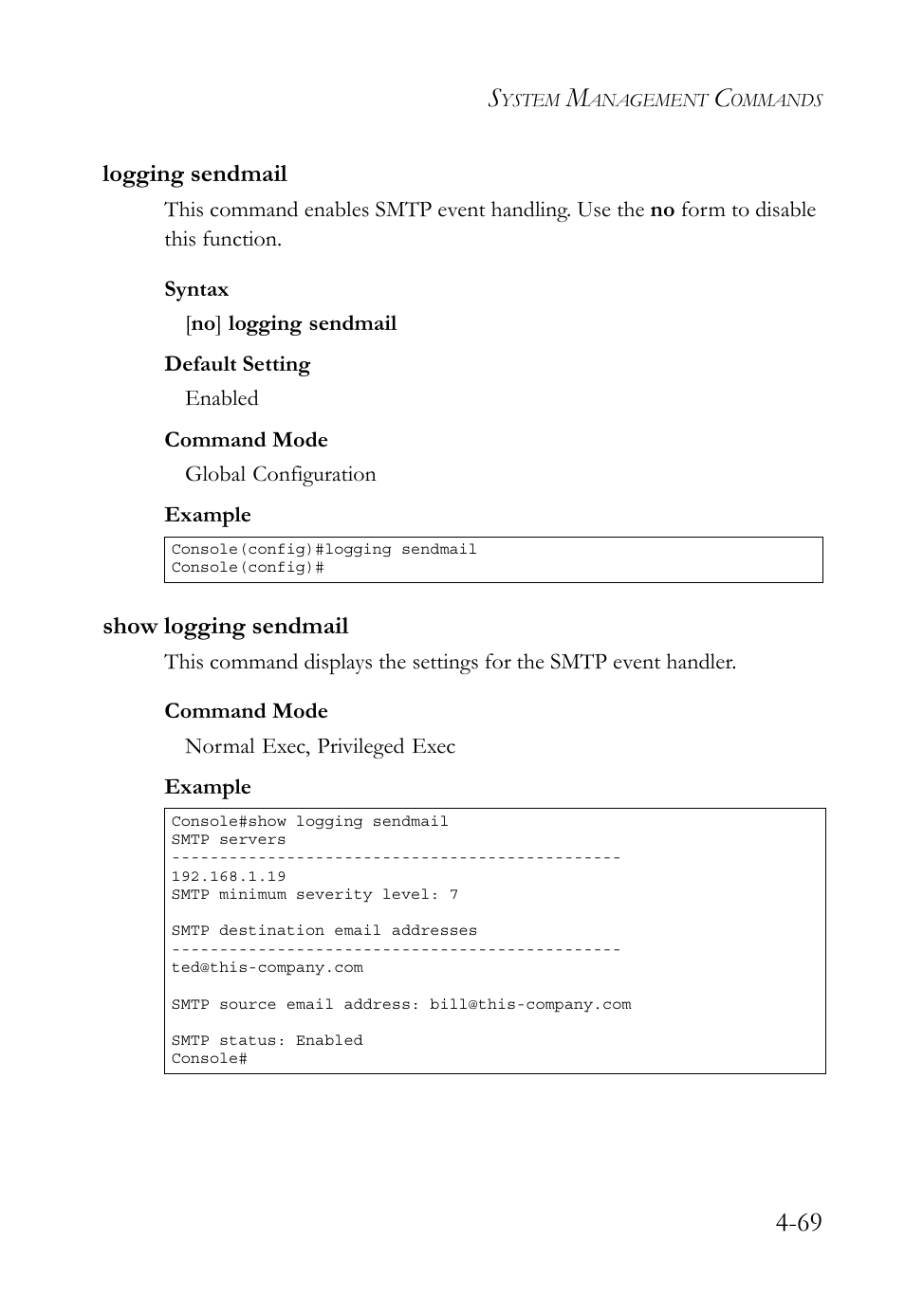 Logging sendmail, Show logging sendmail, Logging sendmail -69 show logging sendmail -69 | SMC Networks SMC TigerStack 1000 SMC8748M User Manual | Page 341 / 592