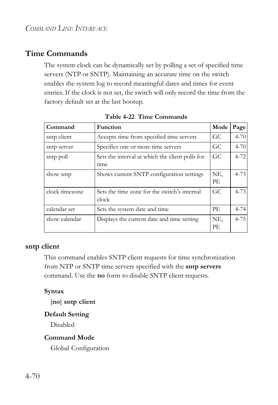 Time commands, Sntp client, Time commands -70 | Sntp client -70, Table 4-22 time commands -70, 70 time commands | SMC Networks SMC TigerStack 1000 SMC8748M User Manual | Page 342 / 592