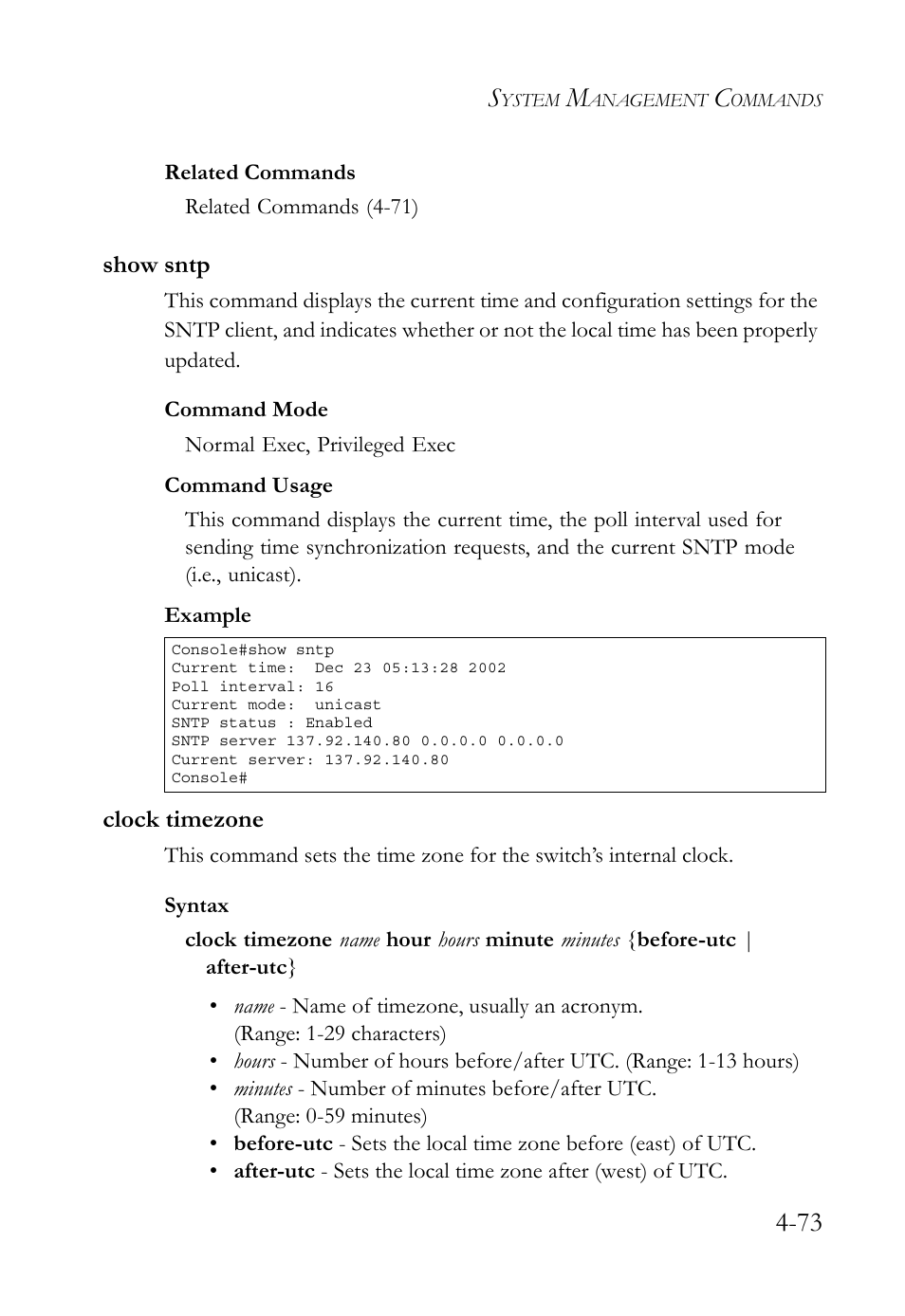 Show sntp, Clock timezone, Show sntp -73 | Clock timezone -73 | SMC Networks SMC TigerStack 1000 SMC8748M User Manual | Page 345 / 592