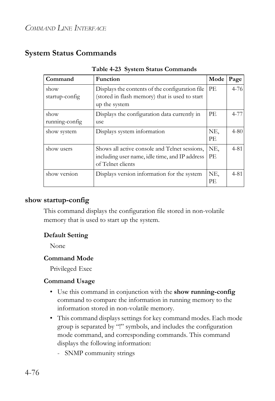 System status commands, Show startup-config, System status commands -76 | Show startup-config -76, Table 4-23 system status commands -76, 76 system status commands | SMC Networks SMC TigerStack 1000 SMC8748M User Manual | Page 348 / 592