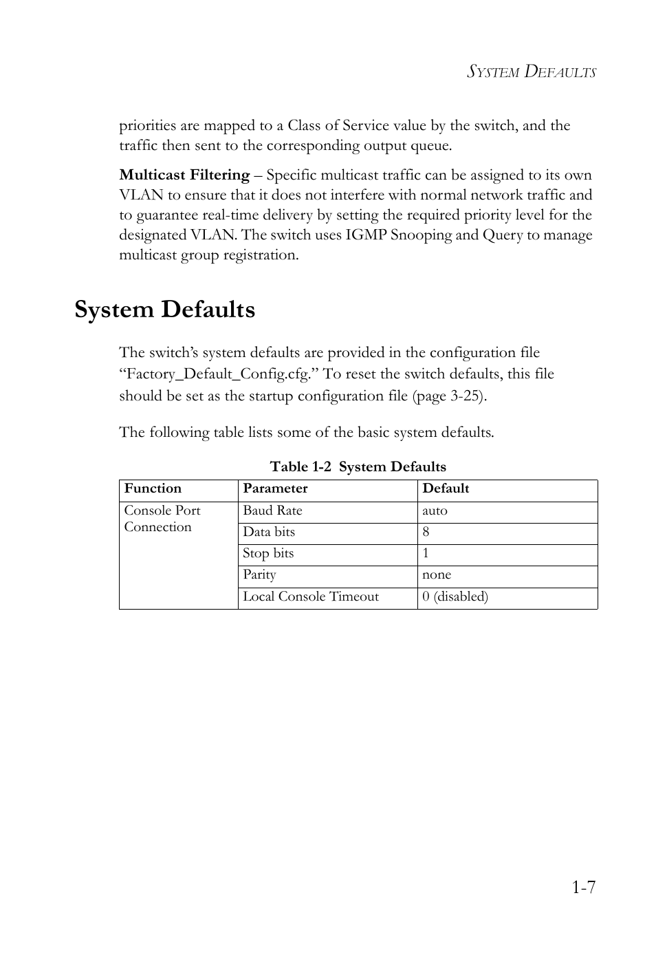 System defaults, System defaults -7, Table 1-2 | SMC Networks SMC TigerStack 1000 SMC8748M User Manual | Page 35 / 592
