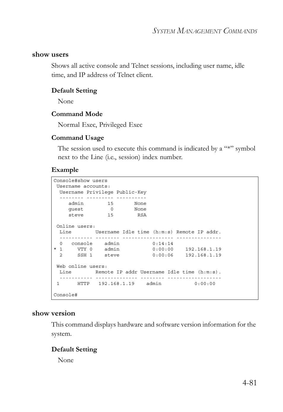 Show users, Show version, Show users -81 show version -81 | SMC Networks SMC TigerStack 1000 SMC8748M User Manual | Page 353 / 592