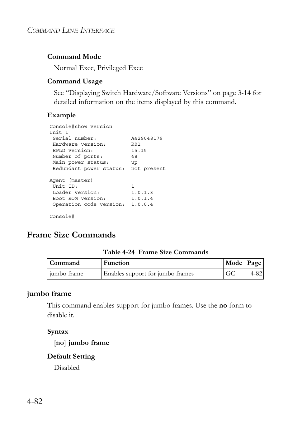 Frame size commands, Jumbo frame, Frame size commands -82 | Jumbo frame -82, Table 4-24 frame size commands -82 | SMC Networks SMC TigerStack 1000 SMC8748M User Manual | Page 354 / 592