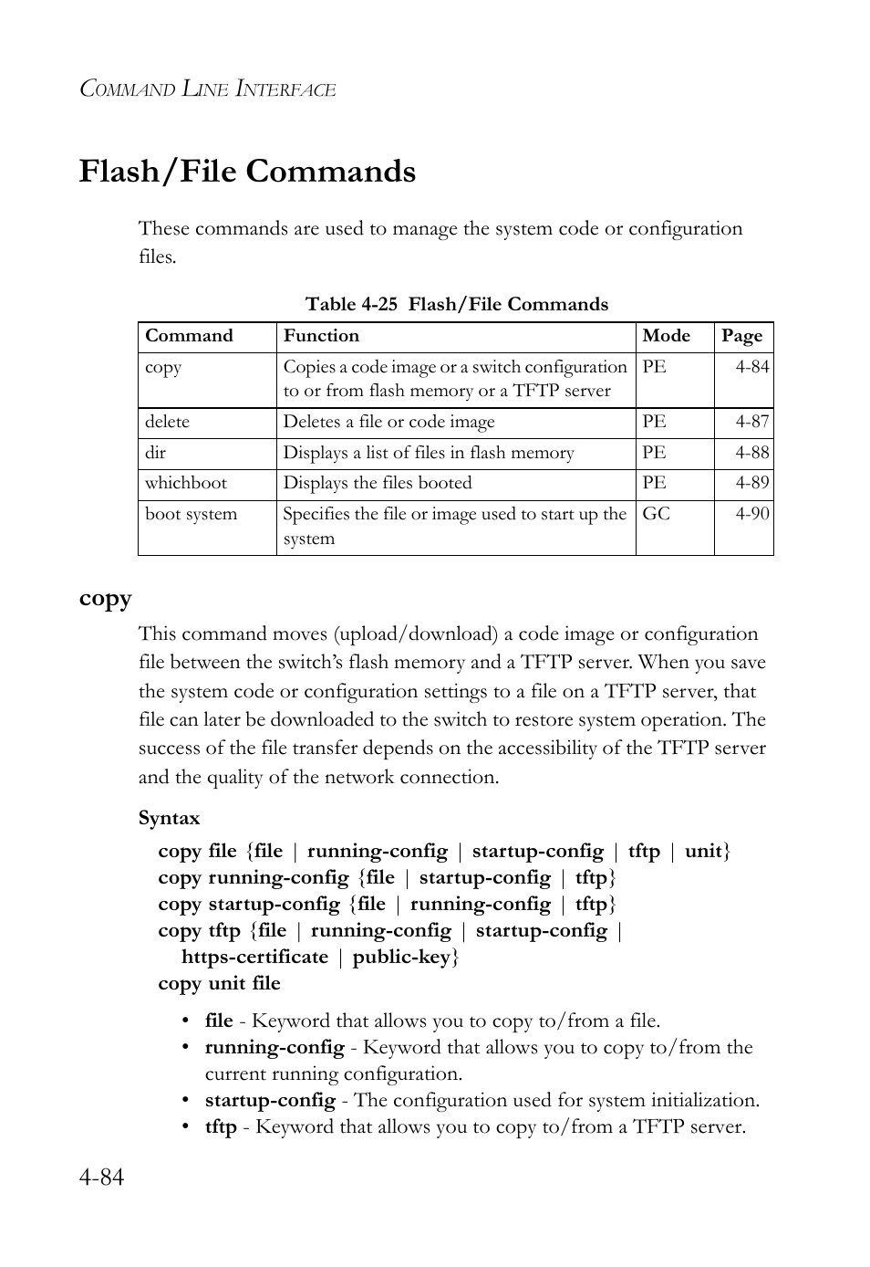 Flash/file commands, Copy, Flash/file commands -84 | Copy -84, Table 4-25 flash/file commands -84, E (4-84) | SMC Networks SMC TigerStack 1000 SMC8748M User Manual | Page 356 / 592