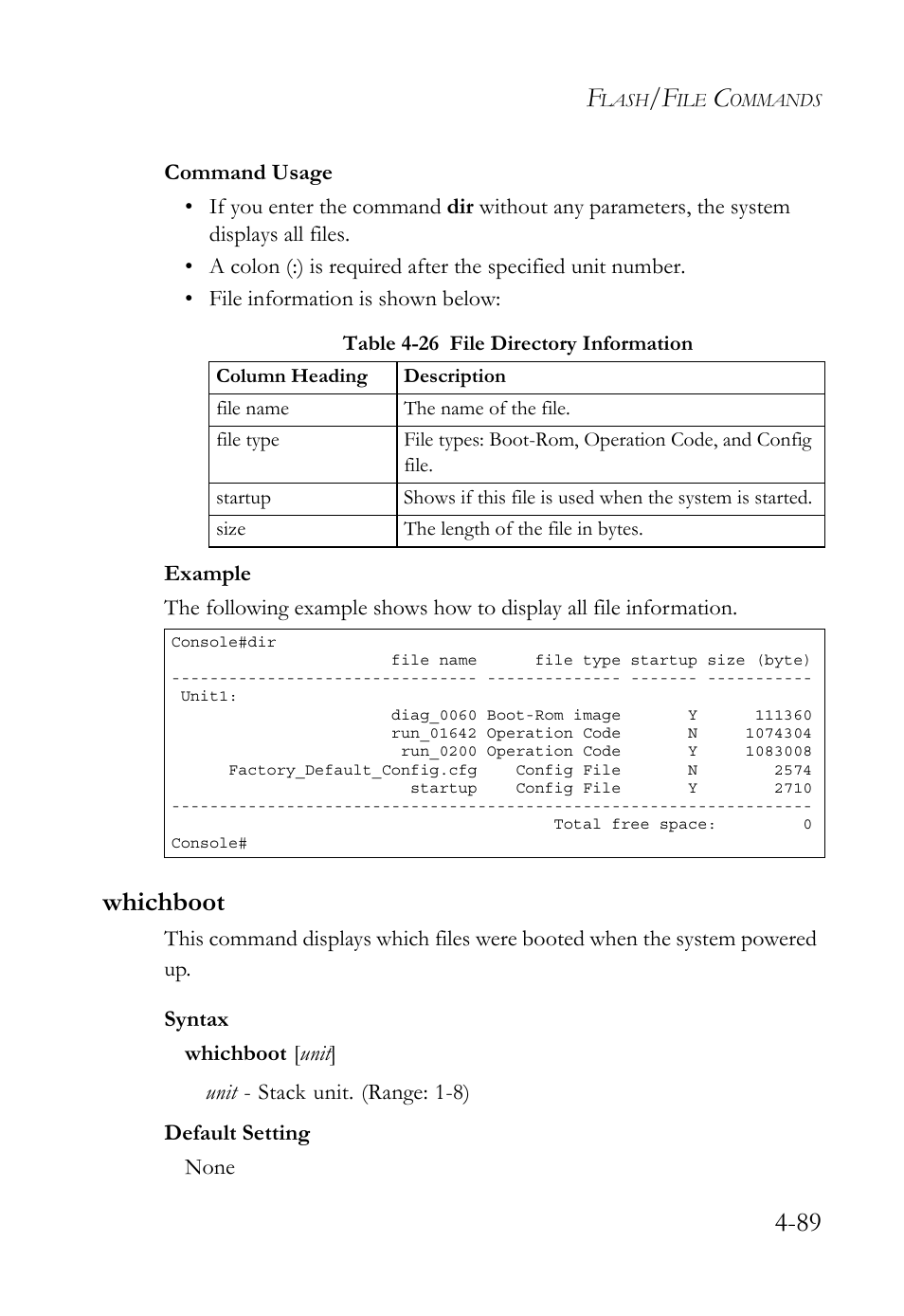 Whichboot, Whichboot -89, Table 4-26 file directory information -89 | SMC Networks SMC TigerStack 1000 SMC8748M User Manual | Page 361 / 592