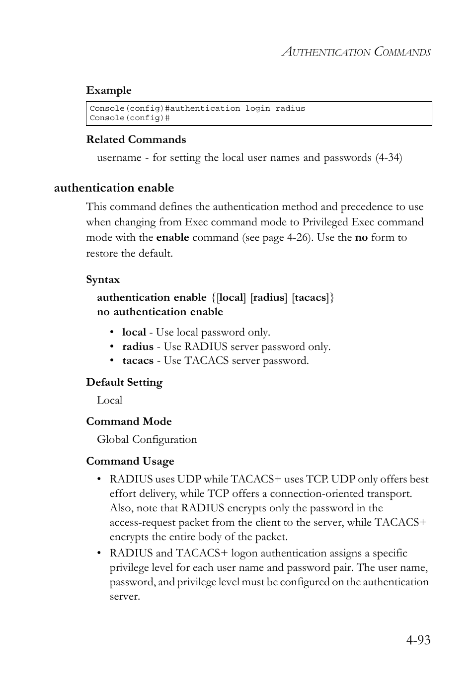 Authentication enable, Authentication enable -93, Authentication enable (4-93) | SMC Networks SMC TigerStack 1000 SMC8748M User Manual | Page 365 / 592