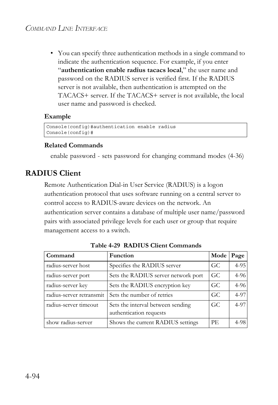 Radius client, Radius client -94, Table 4-29 radius client commands -94 | SMC Networks SMC TigerStack 1000 SMC8748M User Manual | Page 366 / 592