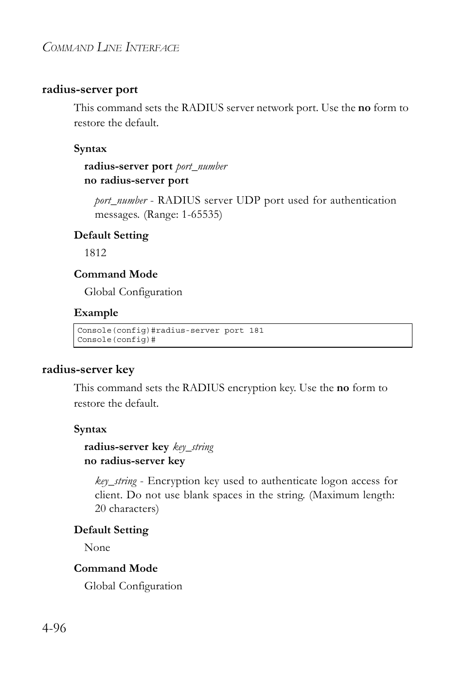Radius-server port, Radius-server key, Radius-server port -96 radius-server key -96 | SMC Networks SMC TigerStack 1000 SMC8748M User Manual | Page 368 / 592