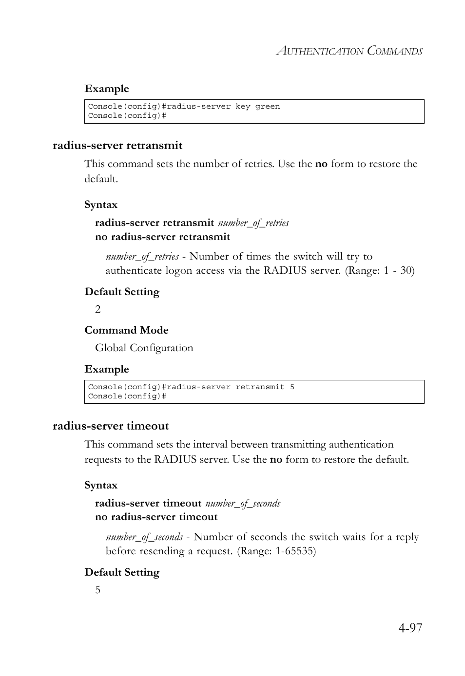 Radius-server retransmit, Radius-server timeout | SMC Networks SMC TigerStack 1000 SMC8748M User Manual | Page 369 / 592