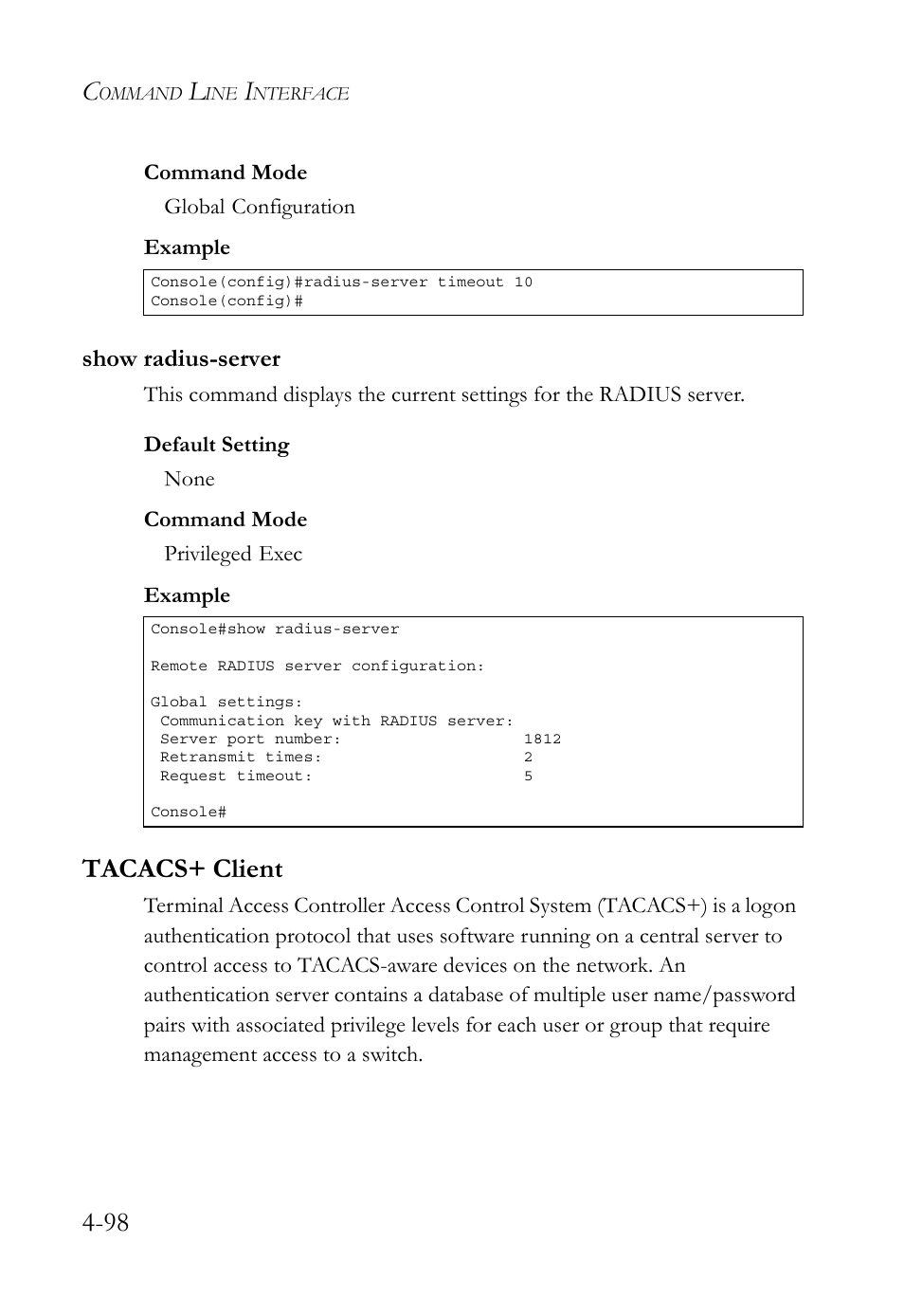 Show radius-server, Tacacs+ client, Show radius-server -98 | Tacacs+ client -98 | SMC Networks SMC TigerStack 1000 SMC8748M User Manual | Page 370 / 592