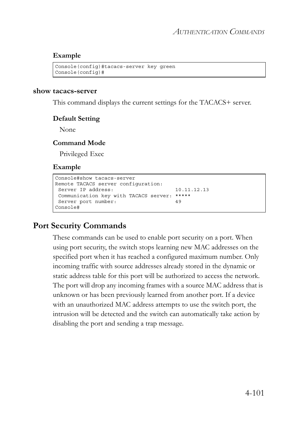 Show tacacs-server, Port security commands, Show tacacs-server -101 | Port security commands -101 | SMC Networks SMC TigerStack 1000 SMC8748M User Manual | Page 373 / 592