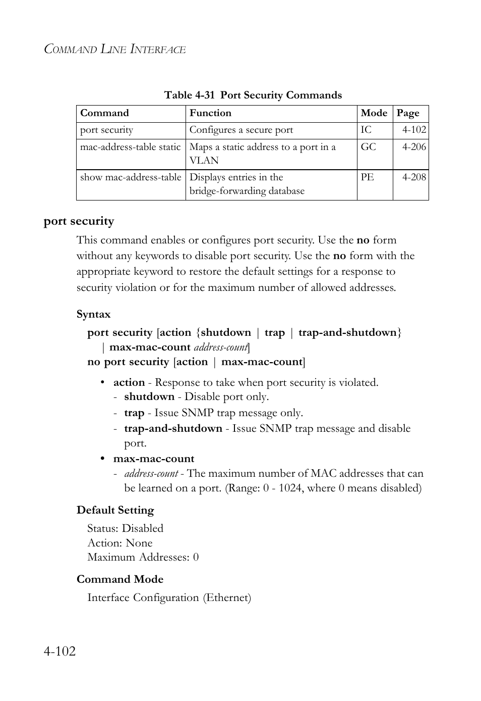 Port security, Port security -102, Table 4-31 port security commands -102 | SMC Networks SMC TigerStack 1000 SMC8748M User Manual | Page 374 / 592