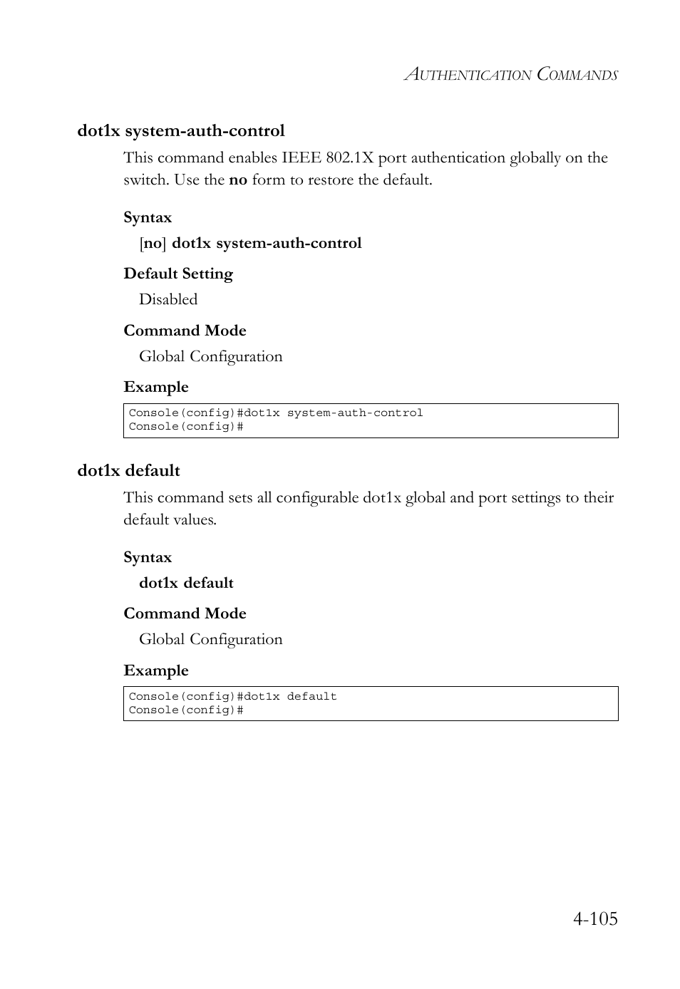 Dot1x system-auth-control, Dot1x default, Dot1x system-auth-control -105 | Dot1x default -105 | SMC Networks SMC TigerStack 1000 SMC8748M User Manual | Page 377 / 592